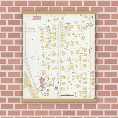 Old map wall art mockup — magnetic wood frame on brick wall — Sanborn Fire Insurance Map from Palestine, Anderson County, Texas (1900), Sheet #0007