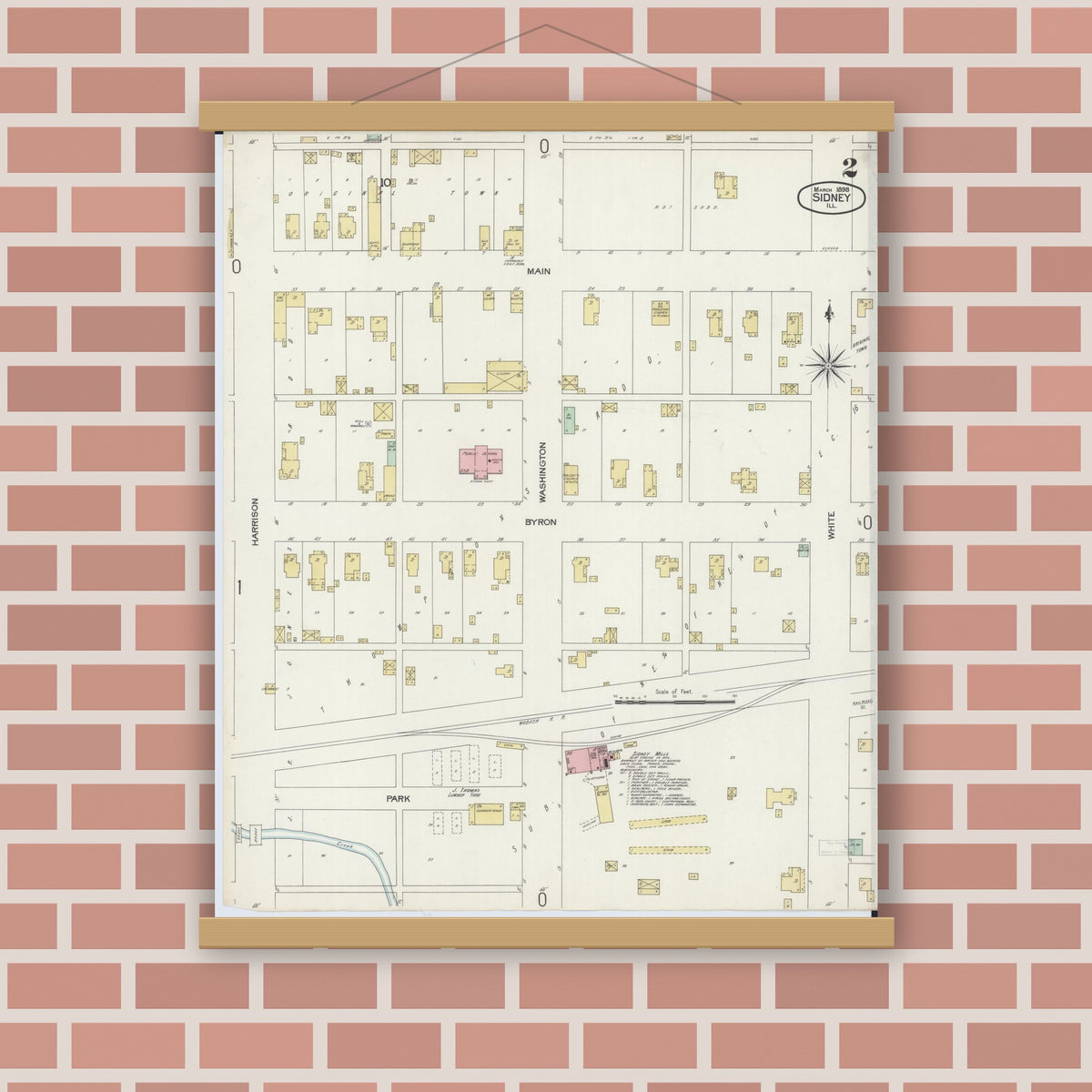 Old map wall art mockup — magnetic wood frame on brick wall — Sanborn Fire Insurance Map from Sidney, Champaign County, Illinois (1898), Sheet #0002
