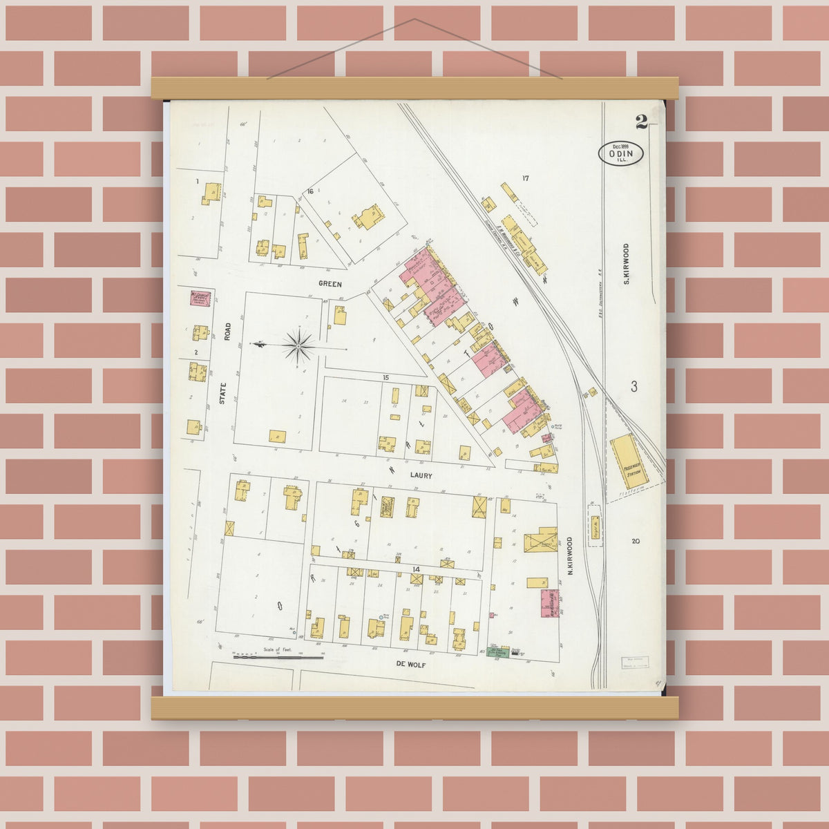 Old map wall art mockup — magnetic wood frame on brick wall — Sanborn Fire Insurance Map from Odin, Marion County, Illinois (1899), Sheet #0002