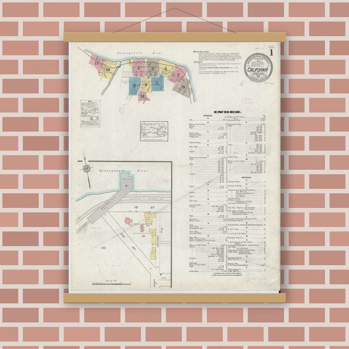 Old map wall art mockup — magnetic wood frame on brick wall — Sanborn Fire Insurance Map from California, Washington County, Pennsylvania (1913) - Complete Map Set