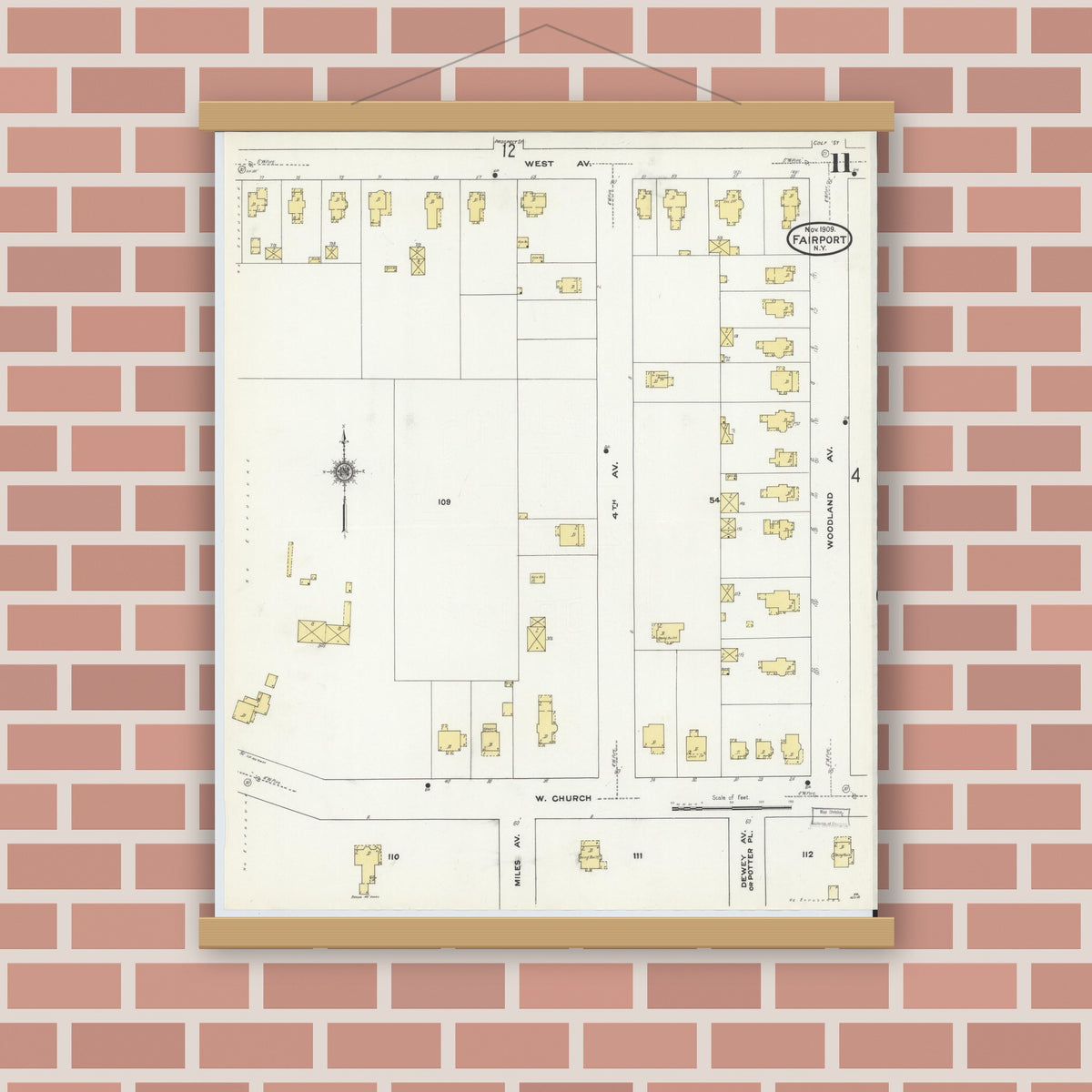 Old map wall art mockup — magnetic wood frame on brick wall — Sanborn Fire Insurance Map from Fairport, Monroe County, New York (1909), Sheet #0011