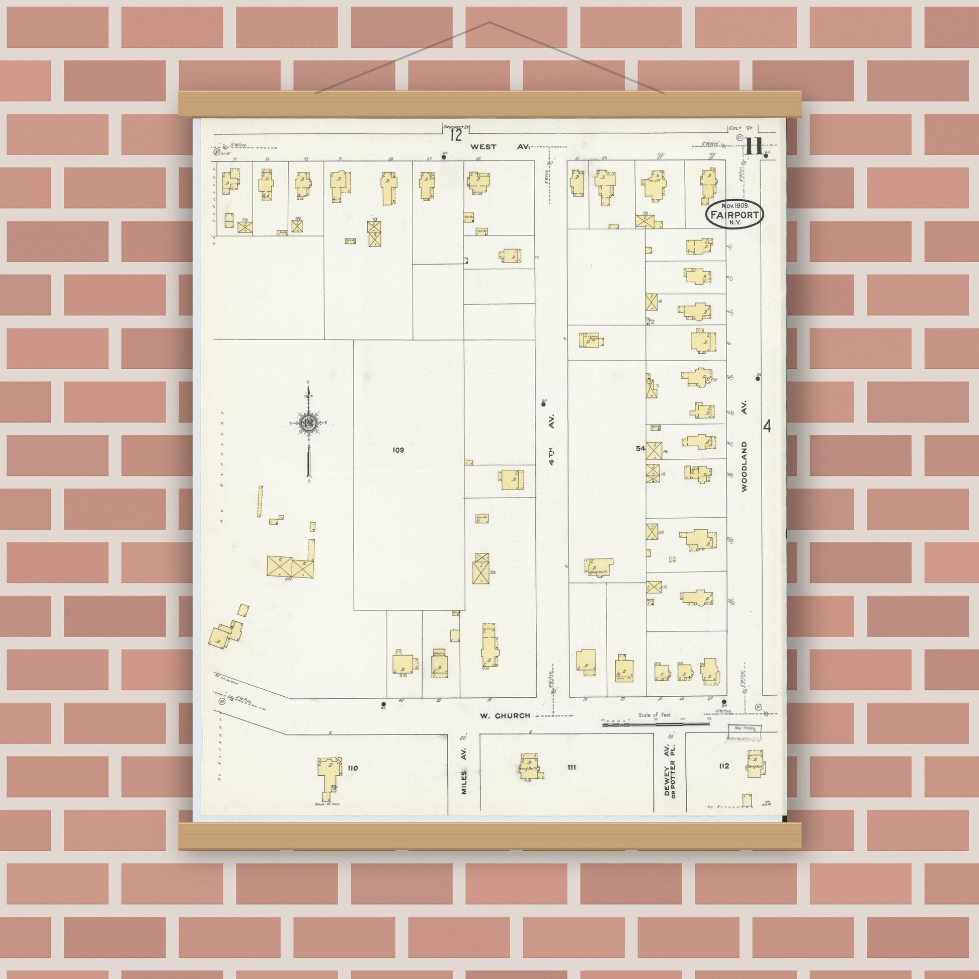 Old map wall art mockup — magnetic wood frame on brick wall — Sanborn Fire Insurance Map from Fairport, Monroe County, New York (1909), Sheet #0011