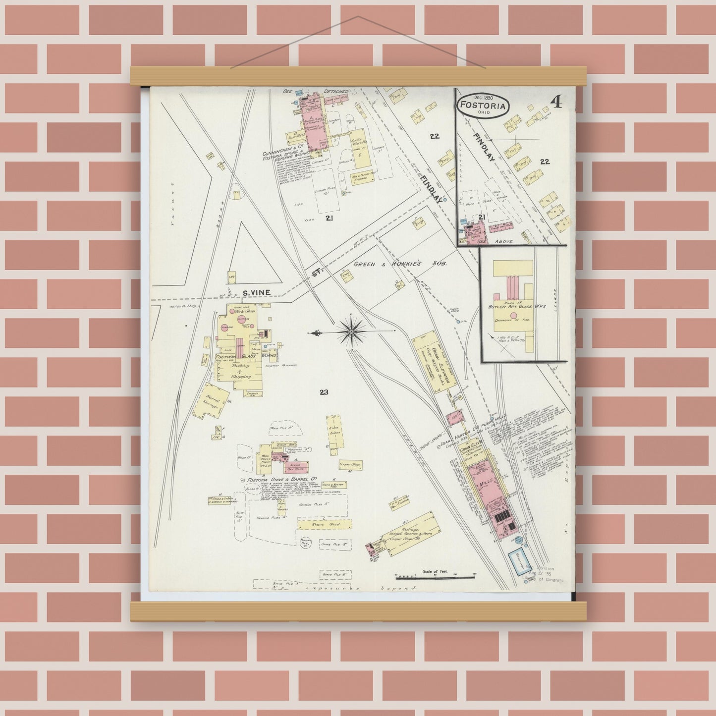 Old map wall art mockup — magnetic wood frame on brick wall — Sanborn Fire Insurance Map from Fostoria, Seneca, Hancock, And Wood Counties, Ohio (1891), Sheet #0004
