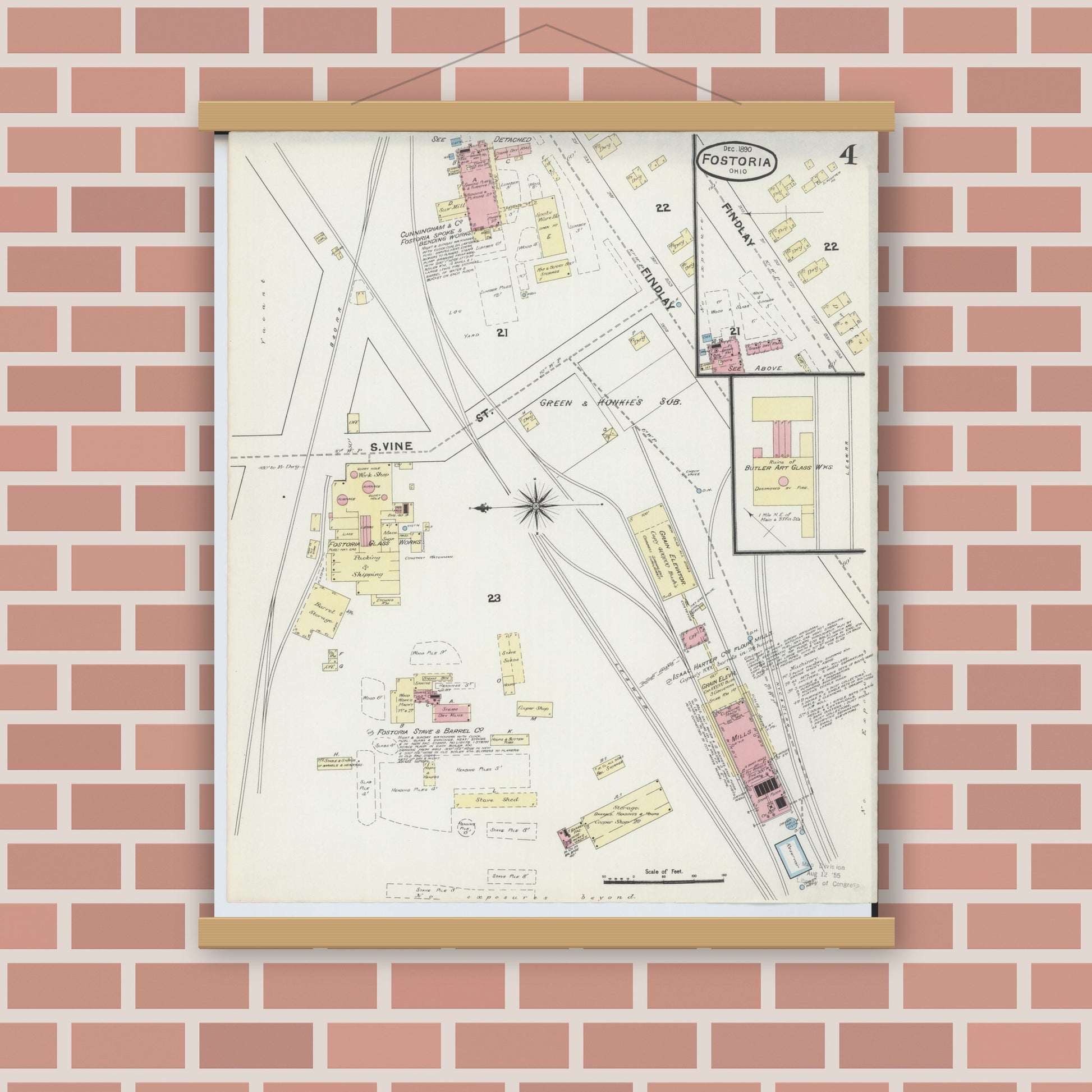 Old map wall art mockup — magnetic wood frame on brick wall — Sanborn Fire Insurance Map from Fostoria, Seneca, Hancock, And Wood Counties, Ohio (1891), Sheet #0004
