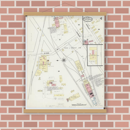 Old map wall art mockup — magnetic wood frame on brick wall — Sanborn Fire Insurance Map from Fostoria, Seneca, Hancock, And Wood Counties, Ohio (1891), Sheet #0004