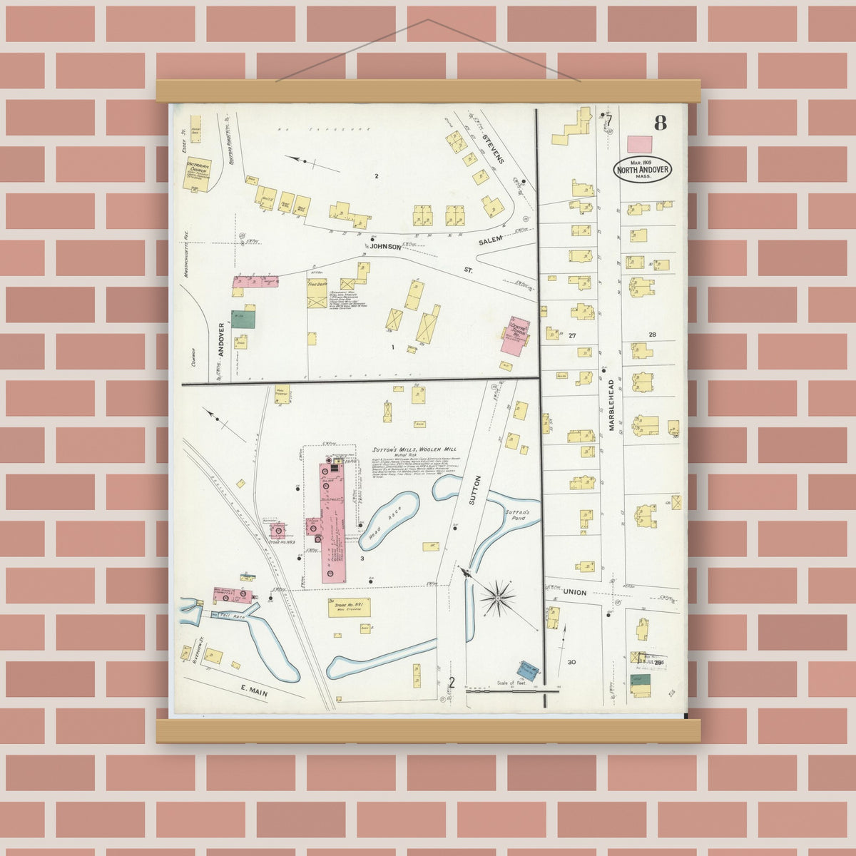 Old map wall art mockup — magnetic wood frame on brick wall — Sanborn Fire Insurance Map from North Andover, Essex County, Massachusetts (1909), Sheet #0008