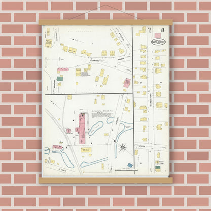 Old map wall art mockup — magnetic wood frame on brick wall — Sanborn Fire Insurance Map from North Andover, Essex County, Massachusetts (1909), Sheet #0008