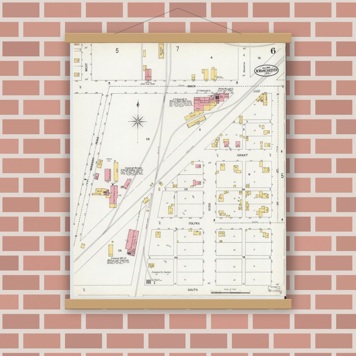 Old map wall art mockup — magnetic wood frame on brick wall — Sanborn Fire Insurance Map from North Manchester, Wabash County, Indiana (1900), Sheet #0006
