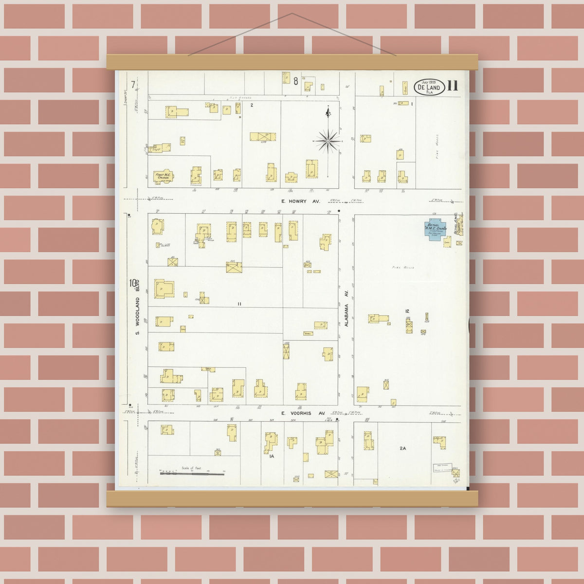 Old map wall art mockup — magnetic wood frame on brick wall — Sanborn Fire Insurance Map from De Land, Volusia County, Florida (1909), Sheet #0011