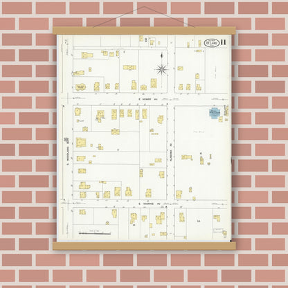 Old map wall art mockup — magnetic wood frame on brick wall — Sanborn Fire Insurance Map from De Land, Volusia County, Florida (1909), Sheet #0011