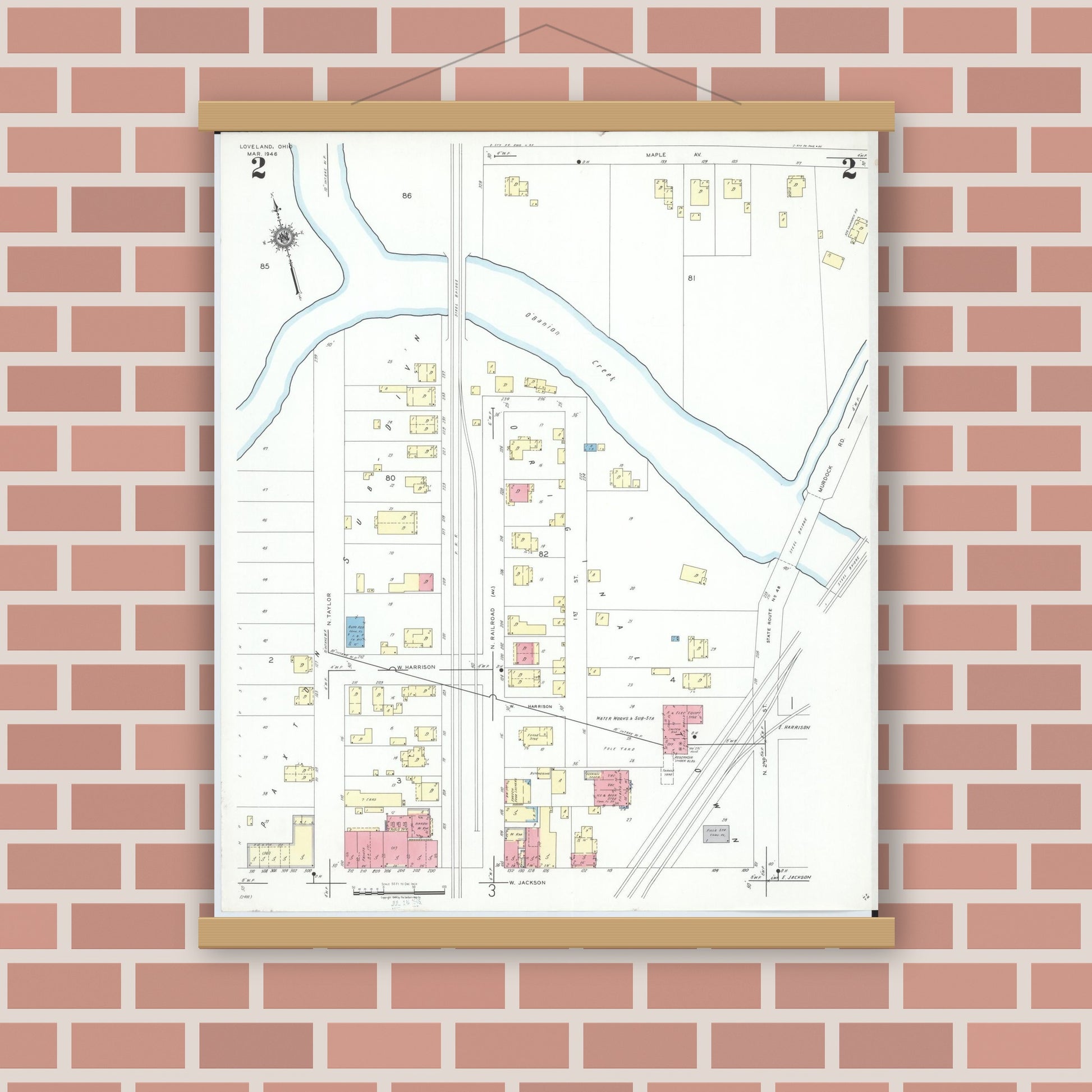 Old map wall art mockup — magnetic wood frame on brick wall — Sanborn Fire Insurance Map from Loveland, Clermont, Hamilton, And Warren County, Ohio (1946), Sheet #0002