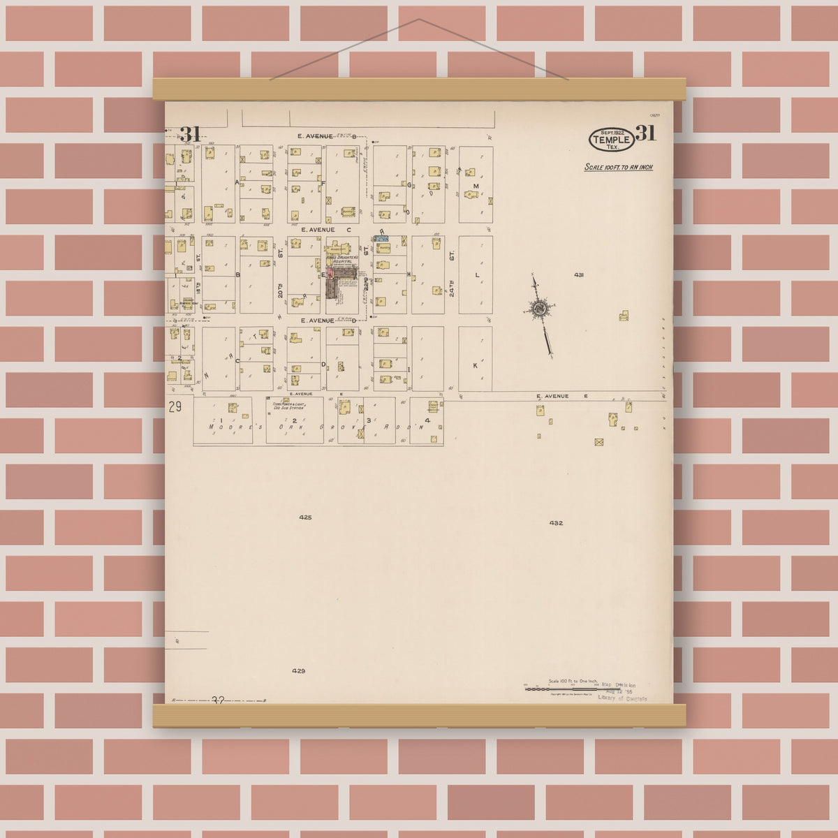 Old map wall art mockup — magnetic wood frame on brick wall — Sanborn Fire Insurance Map from Temple, Bell County, Texas (1922), Sheet #0031