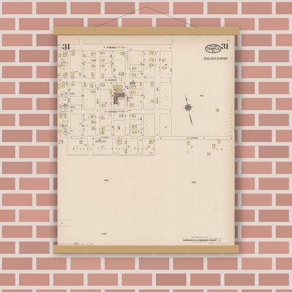 Old map wall art mockup — magnetic wood frame on brick wall — Sanborn Fire Insurance Map from Temple, Bell County, Texas (1922), Sheet #0031