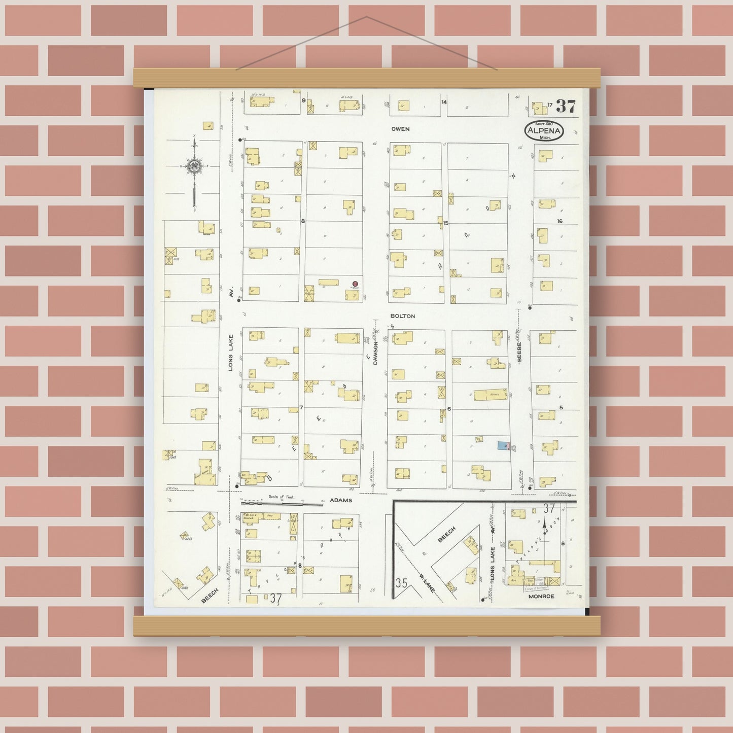 Old map wall art mockup — magnetic wood frame on brick wall — Sanborn Fire Insurance Map from Alpena, Alpena County, Michigan (1910), Sheet #0037
