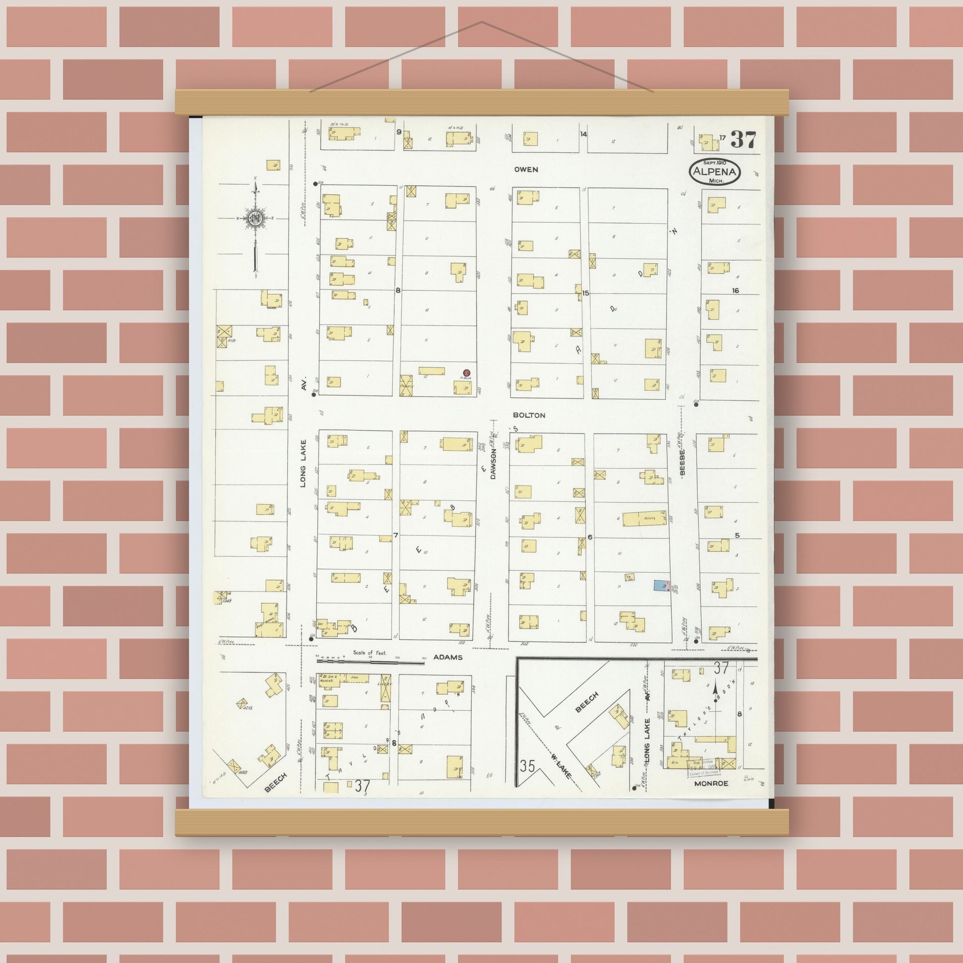 Old map wall art mockup — magnetic wood frame on brick wall — Sanborn Fire Insurance Map from Alpena, Alpena County, Michigan (1910), Sheet #0037
