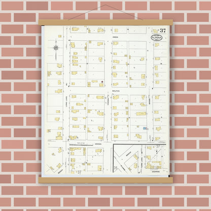 Old map wall art mockup — magnetic wood frame on brick wall — Sanborn Fire Insurance Map from Alpena, Alpena County, Michigan (1910), Sheet #0037