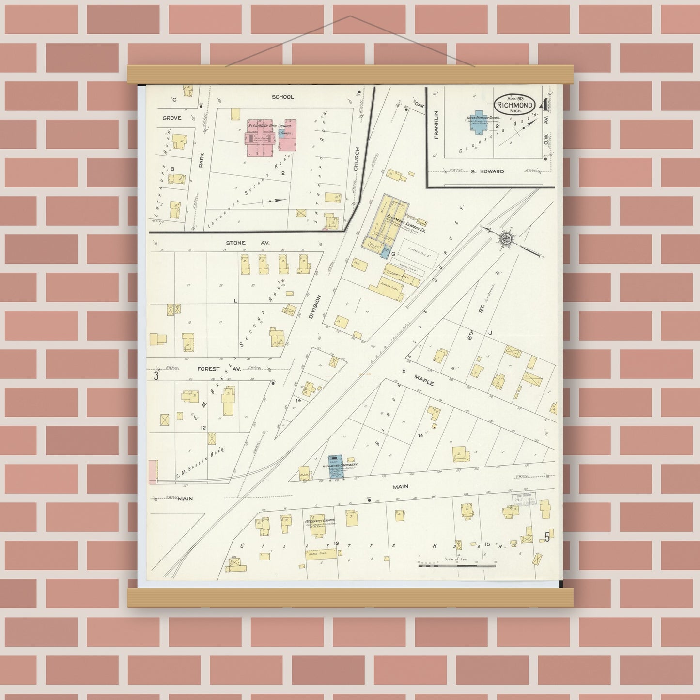Old map wall art mockup — magnetic wood frame on brick wall — Sanborn Fire Insurance Map from Richmond, Macomb County, Michigan (1913), Sheet #0004
