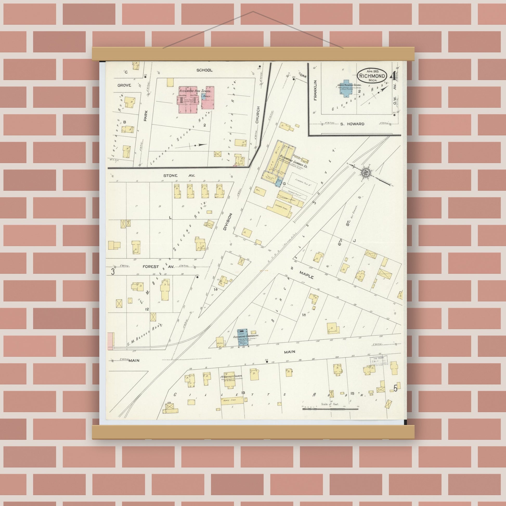 Old map wall art mockup — magnetic wood frame on brick wall — Sanborn Fire Insurance Map from Richmond, Macomb County, Michigan (1913), Sheet #0004