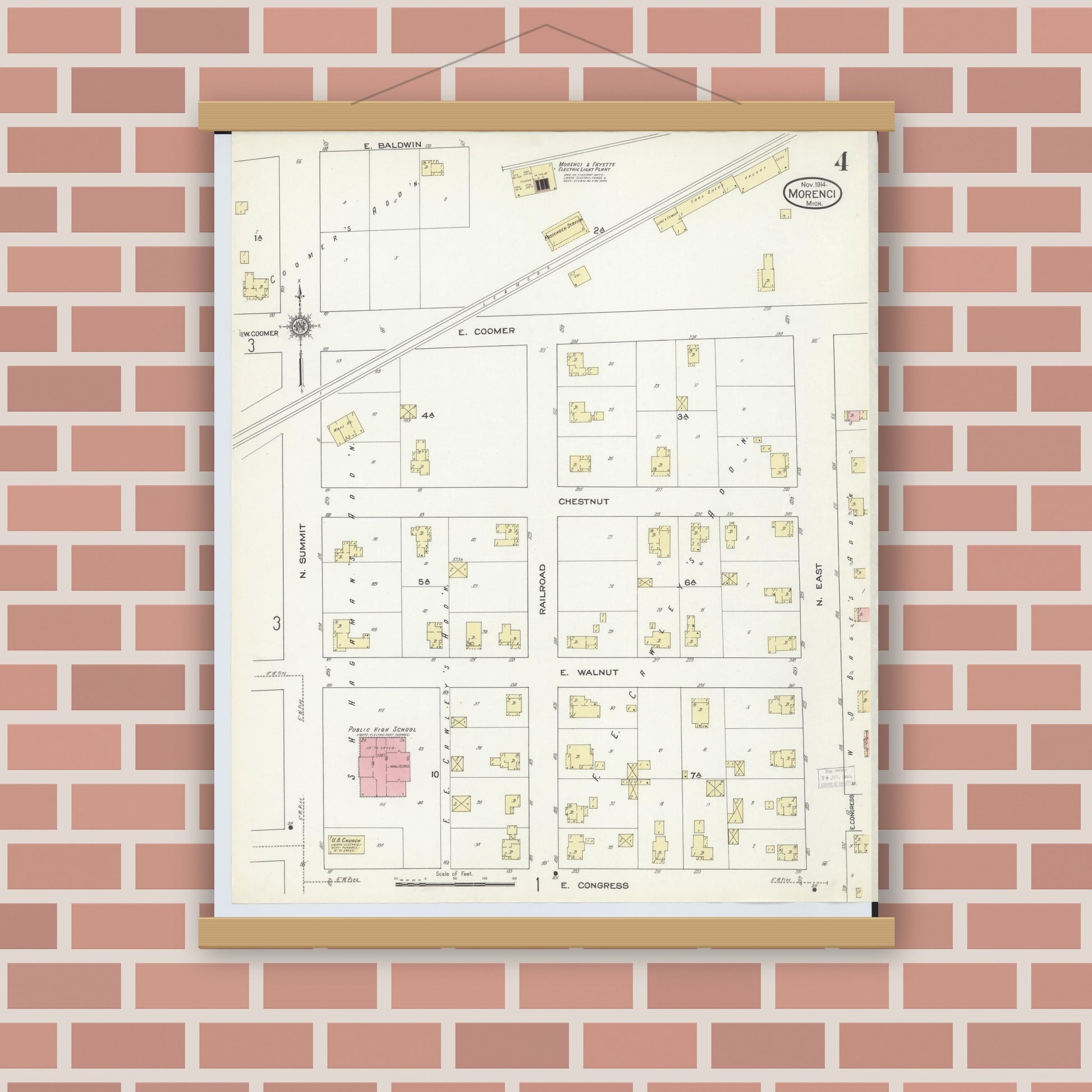 Old map wall art mockup — magnetic wood frame on brick wall — Sanborn Fire Insurance Map from Morenci, Lenawee County, Michigan (1914), Sheet #0004