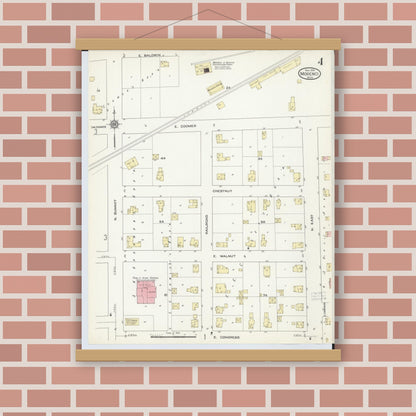 Old map wall art mockup — magnetic wood frame on brick wall — Sanborn Fire Insurance Map from Morenci, Lenawee County, Michigan (1914), Sheet #0004