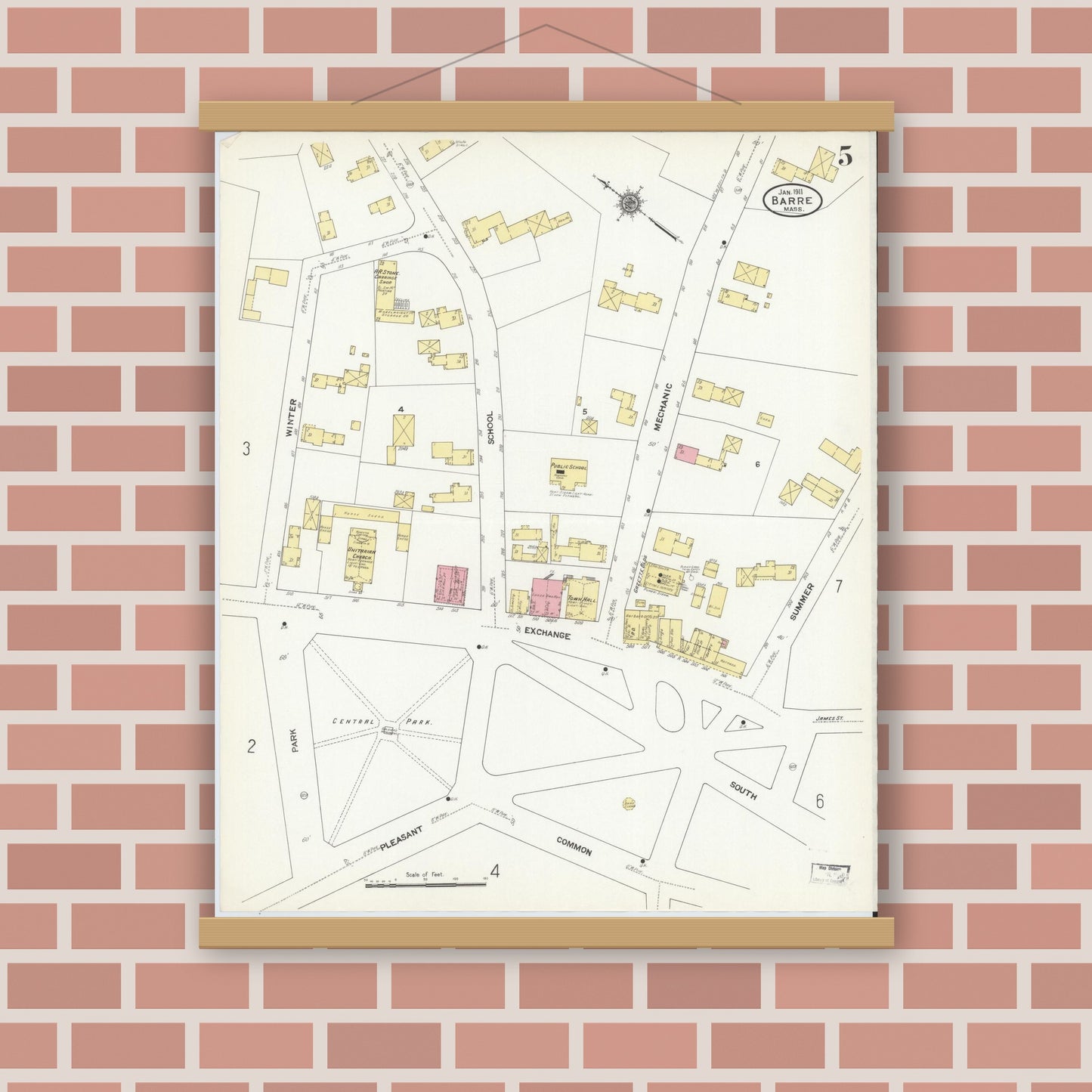 Old map wall art mockup — magnetic wood frame on brick wall — Sanborn Fire Insurance Map from Barre, Worcester County, Massachusetts (1911), Sheet #0005