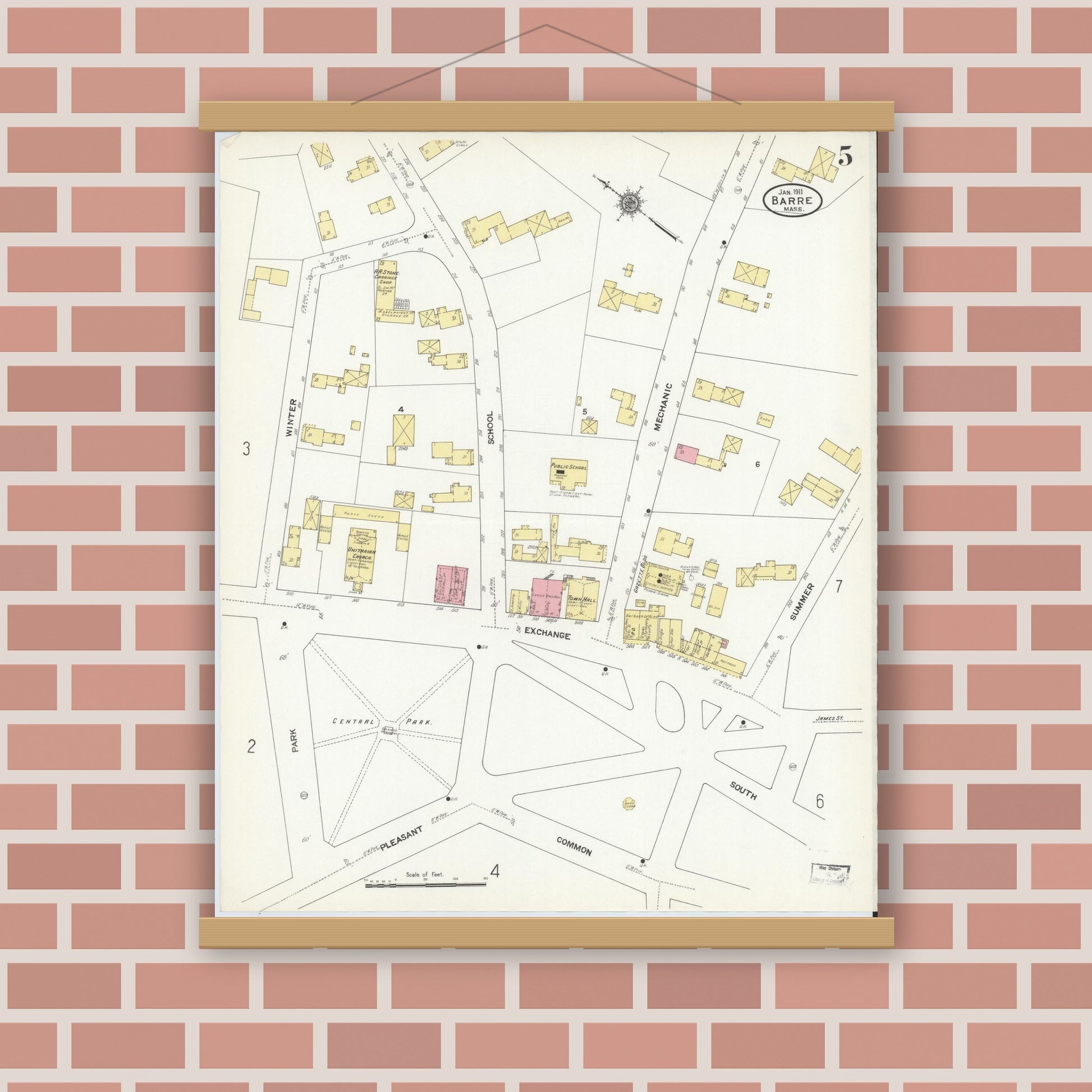 Old map wall art mockup — magnetic wood frame on brick wall — Sanborn Fire Insurance Map from Barre, Worcester County, Massachusetts (1911), Sheet #0005