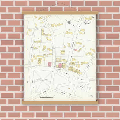 Old map wall art mockup — magnetic wood frame on brick wall — Sanborn Fire Insurance Map from Barre, Worcester County, Massachusetts (1911), Sheet #0005