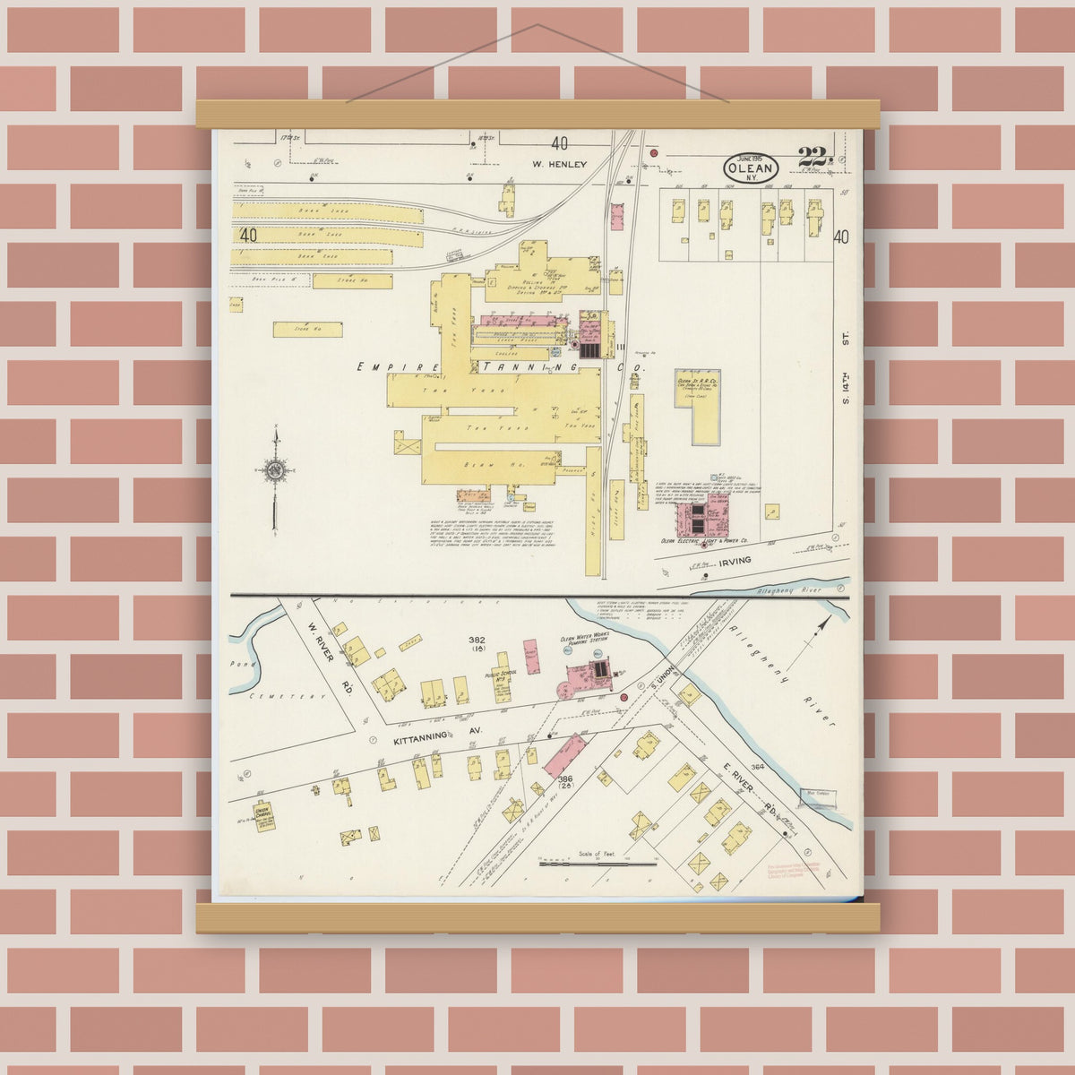 Old map wall art mockup — magnetic wood frame on brick wall — Sanborn Fire Insurance Map from Olean, Cattaraugus County, New York (1915), Sheet #0022