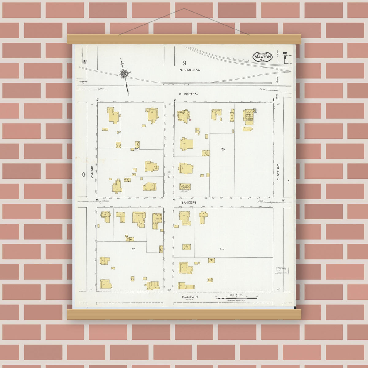 Old map wall art mockup — magnetic wood frame on brick wall — Sanborn Fire Insurance Map from Maxton, Robeson County, North Carolina (1919), Sheet #0007