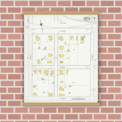 Old map wall art mockup — magnetic wood frame on brick wall — Sanborn Fire Insurance Map from Maxton, Robeson County, North Carolina (1919), Sheet #0007