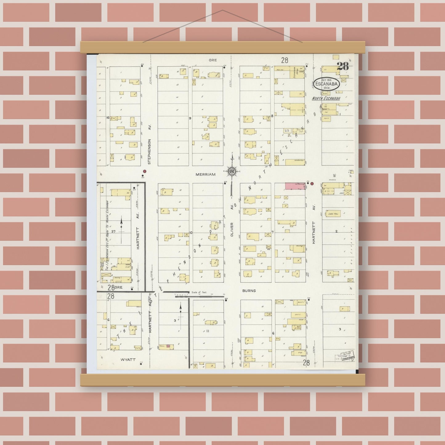Old map wall art mockup — magnetic wood frame on brick wall — Sanborn Fire Insurance Map from Escanaba, Delta County, Michigan (1913), Sheet #0028