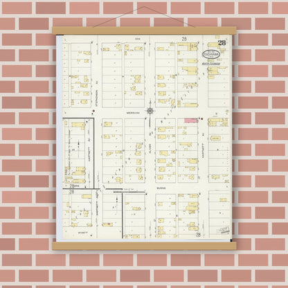 Old map wall art mockup — magnetic wood frame on brick wall — Sanborn Fire Insurance Map from Escanaba, Delta County, Michigan (1913), Sheet #0028