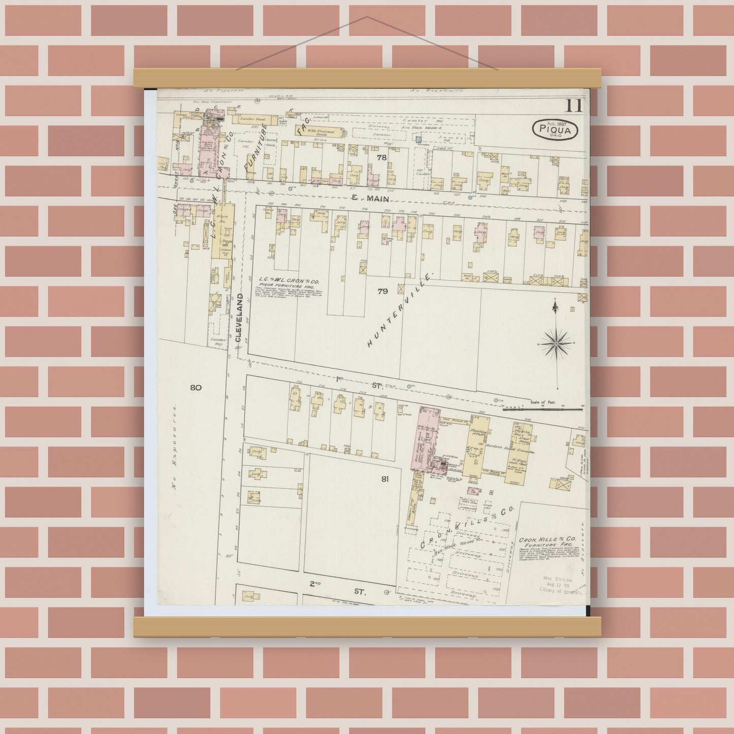 Old map wall art mockup — magnetic wood frame on brick wall — Sanborn Fire Insurance Map from Piqua, Miami County, Ohio (1887), Sheet #0011