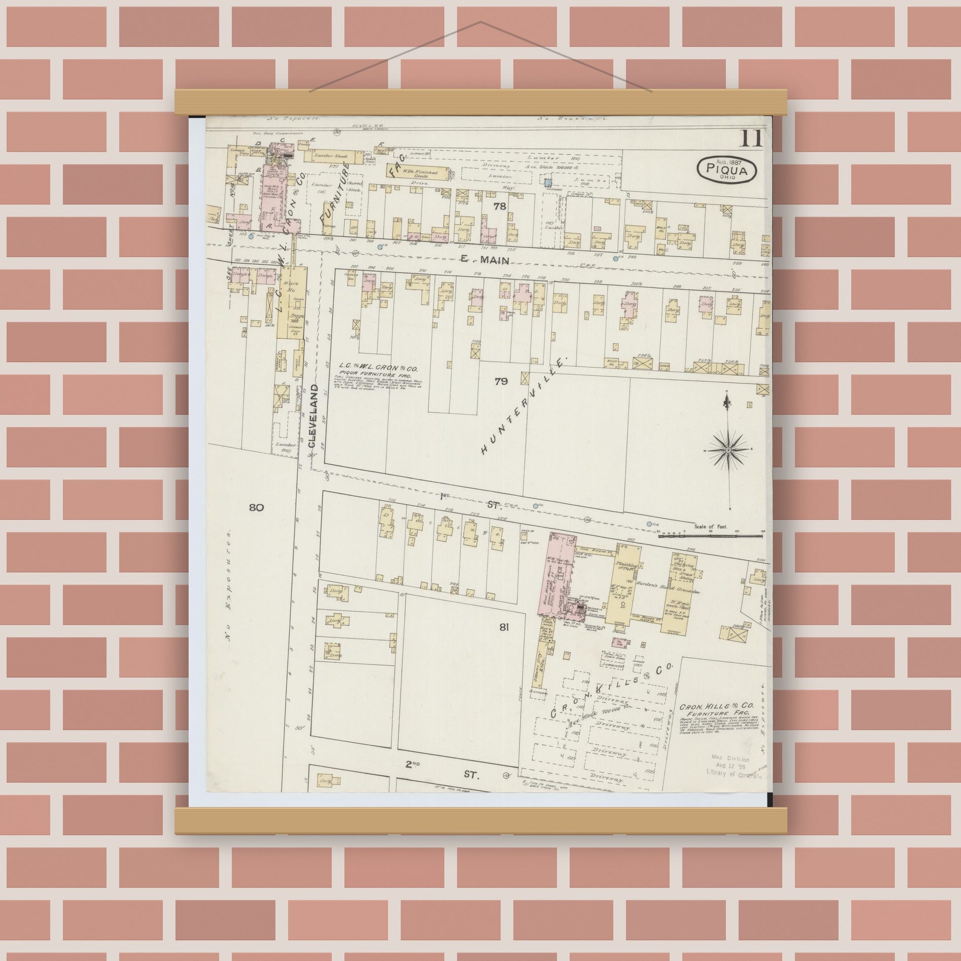Old map wall art mockup — magnetic wood frame on brick wall — Sanborn Fire Insurance Map from Piqua, Miami County, Ohio (1887), Sheet #0011