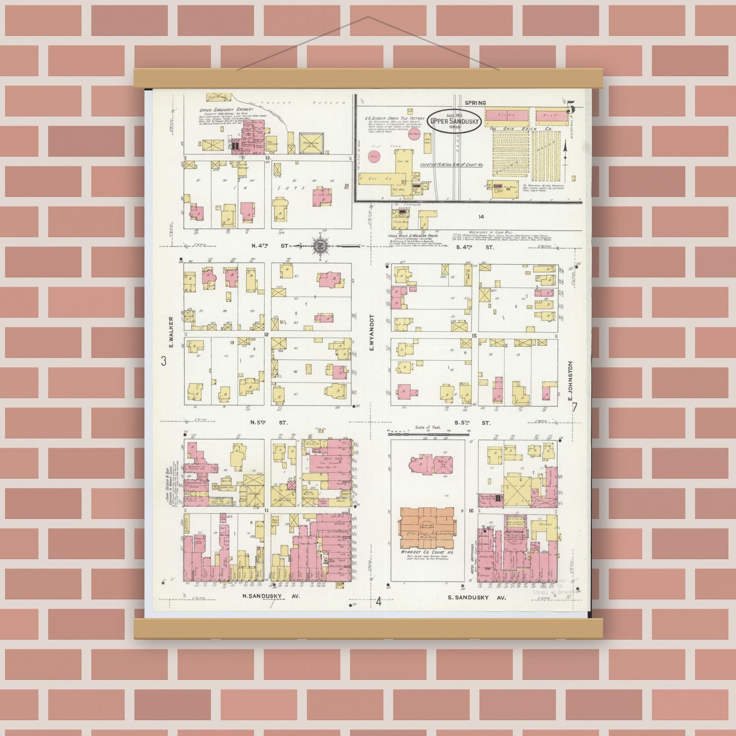 Old map wall art mockup — magnetic wood frame on brick wall — Sanborn Fire Insurance Map from Upper Sandusky, Wyandot County, Ohio (1911), Sheet #0005