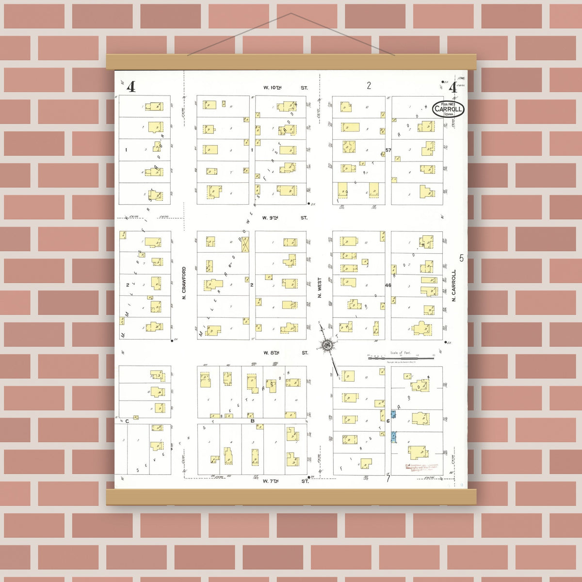 Old map wall art mockup — magnetic wood frame on brick wall — Sanborn Fire Insurance Map from Carroll, Carroll County, Iowa (1923), Sheet #0004
