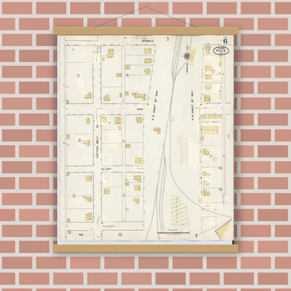 Old map wall art mockup — magnetic wood frame on brick wall — Sanborn Fire Insurance Map from Wylie, Collin County, Texas (1934), Sheet #0006