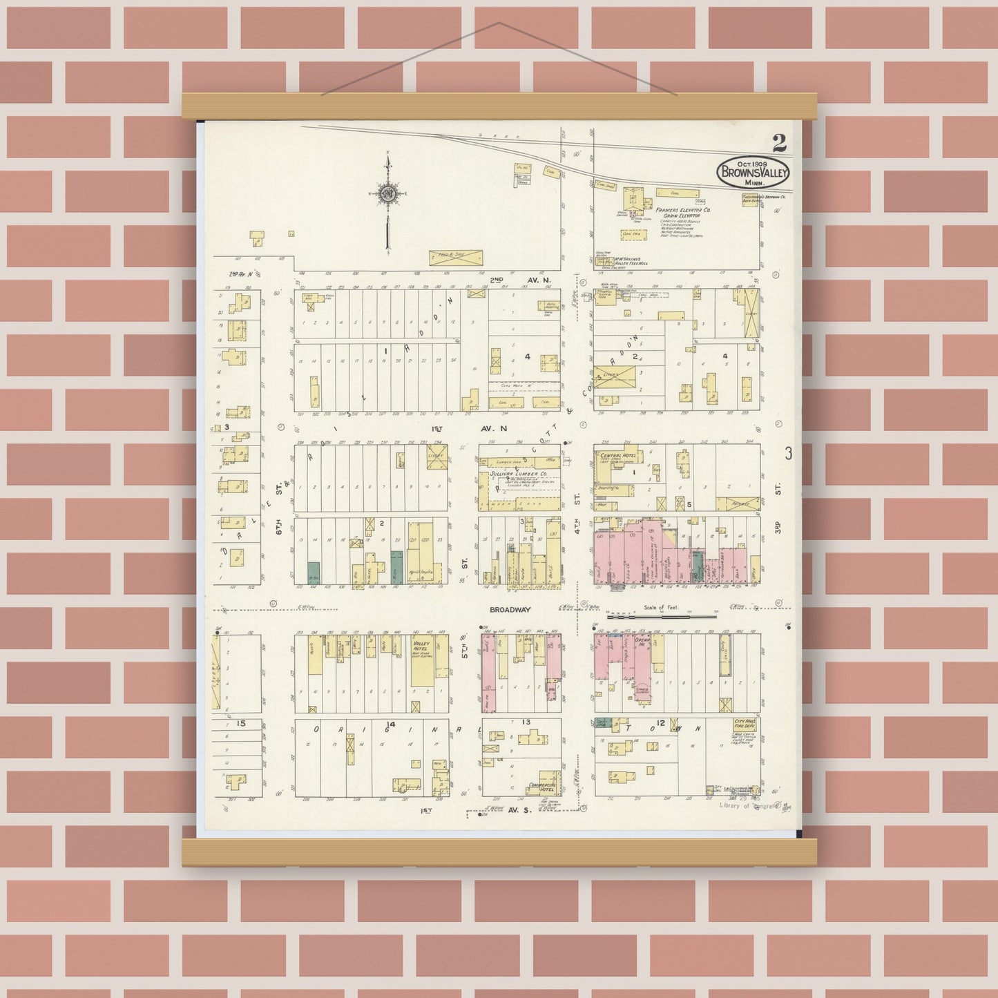 Old map wall art mockup — magnetic wood frame on brick wall — Sanborn Fire Insurance Map from Browns Valley, Traverse County, Minnesota (1909), Sheet #0002