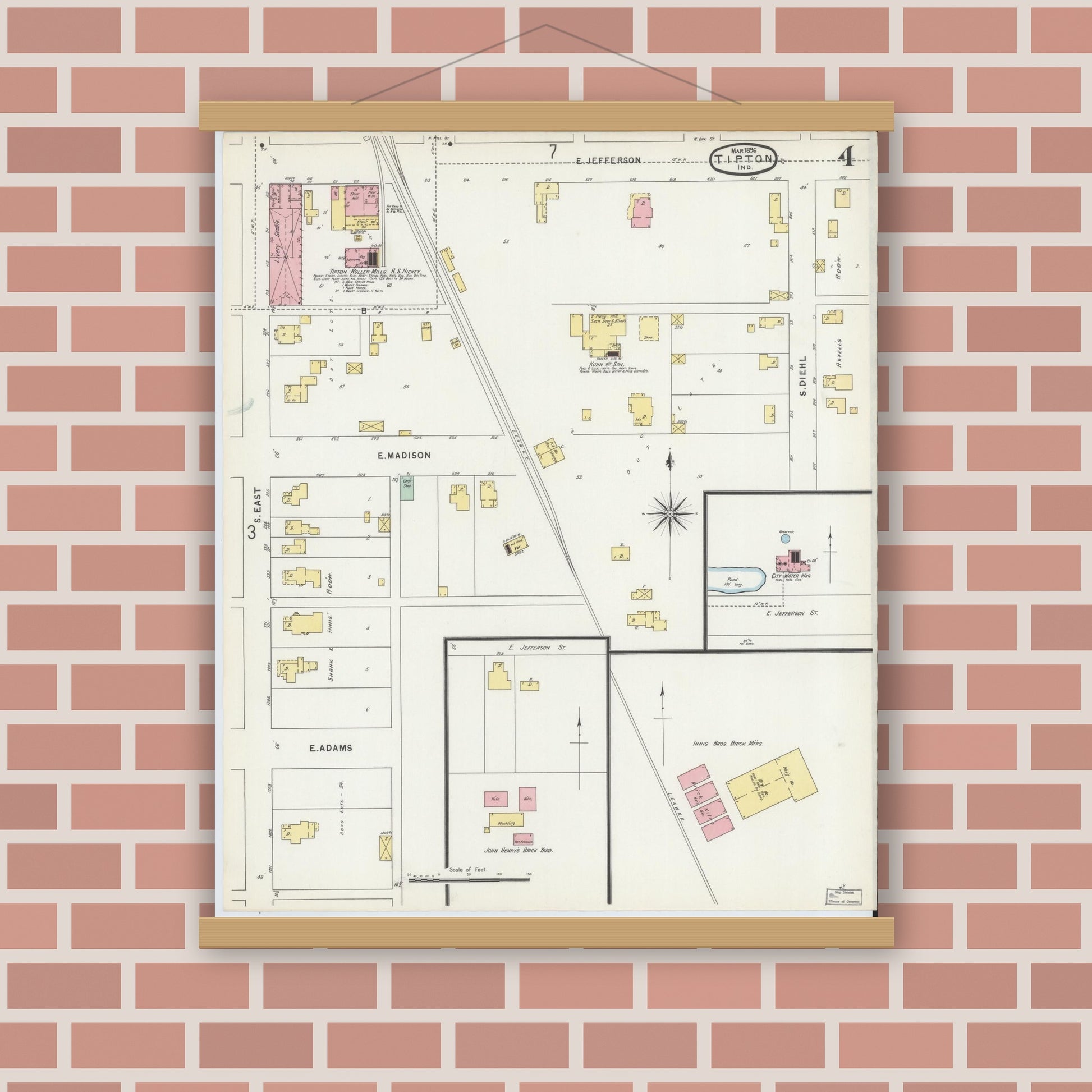 Old map wall art mockup — magnetic wood frame on brick wall — Sanborn Fire Insurance Map from Tipton, Tipton County, Indiana (1896), Sheet #0004