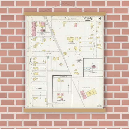 Old map wall art mockup — magnetic wood frame on brick wall — Sanborn Fire Insurance Map from Tipton, Tipton County, Indiana (1896), Sheet #0004