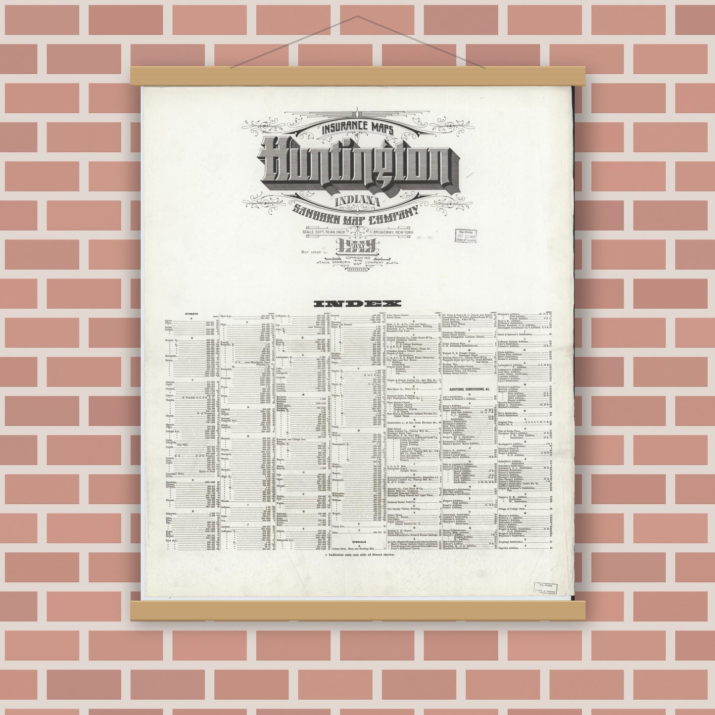 Old map wall art mockup — magnetic wood frame on brick wall — Sanborn Fire Insurance Map from Huntington, Huntington County, Indiana (1919), Sheet #0001
