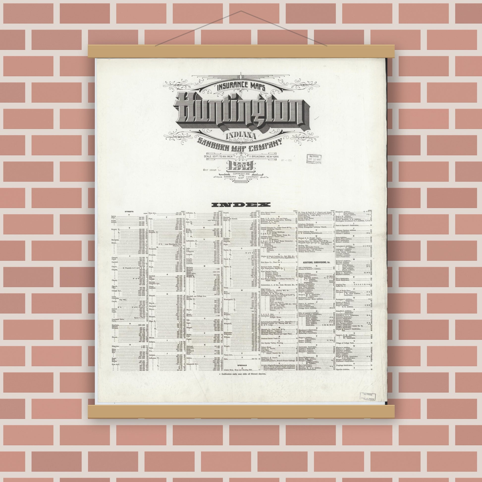 Old map wall art mockup — magnetic wood frame on brick wall — Sanborn Fire Insurance Map from Huntington, Huntington County, Indiana (1919), Sheet #0001