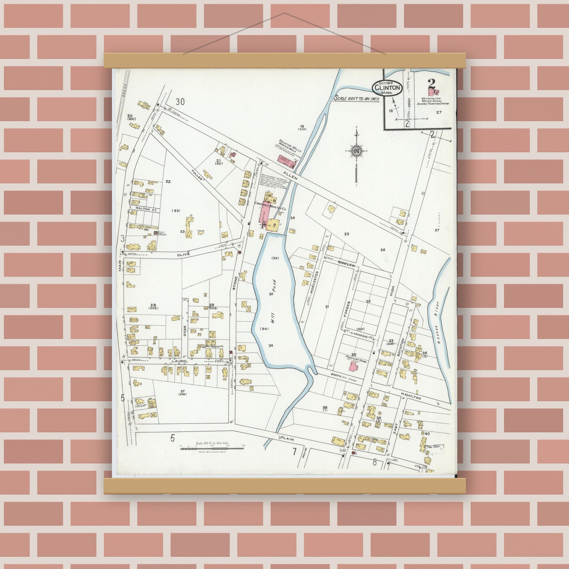 Old map wall art mockup — magnetic wood frame on brick wall — Sanborn Fire Insurance Map from Clinton, Worcester County, Massachusetts (1919), Sheet #0002