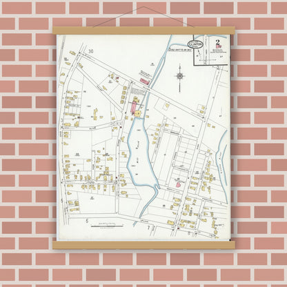 Old map wall art mockup — magnetic wood frame on brick wall — Sanborn Fire Insurance Map from Clinton, Worcester County, Massachusetts (1919), Sheet #0002
