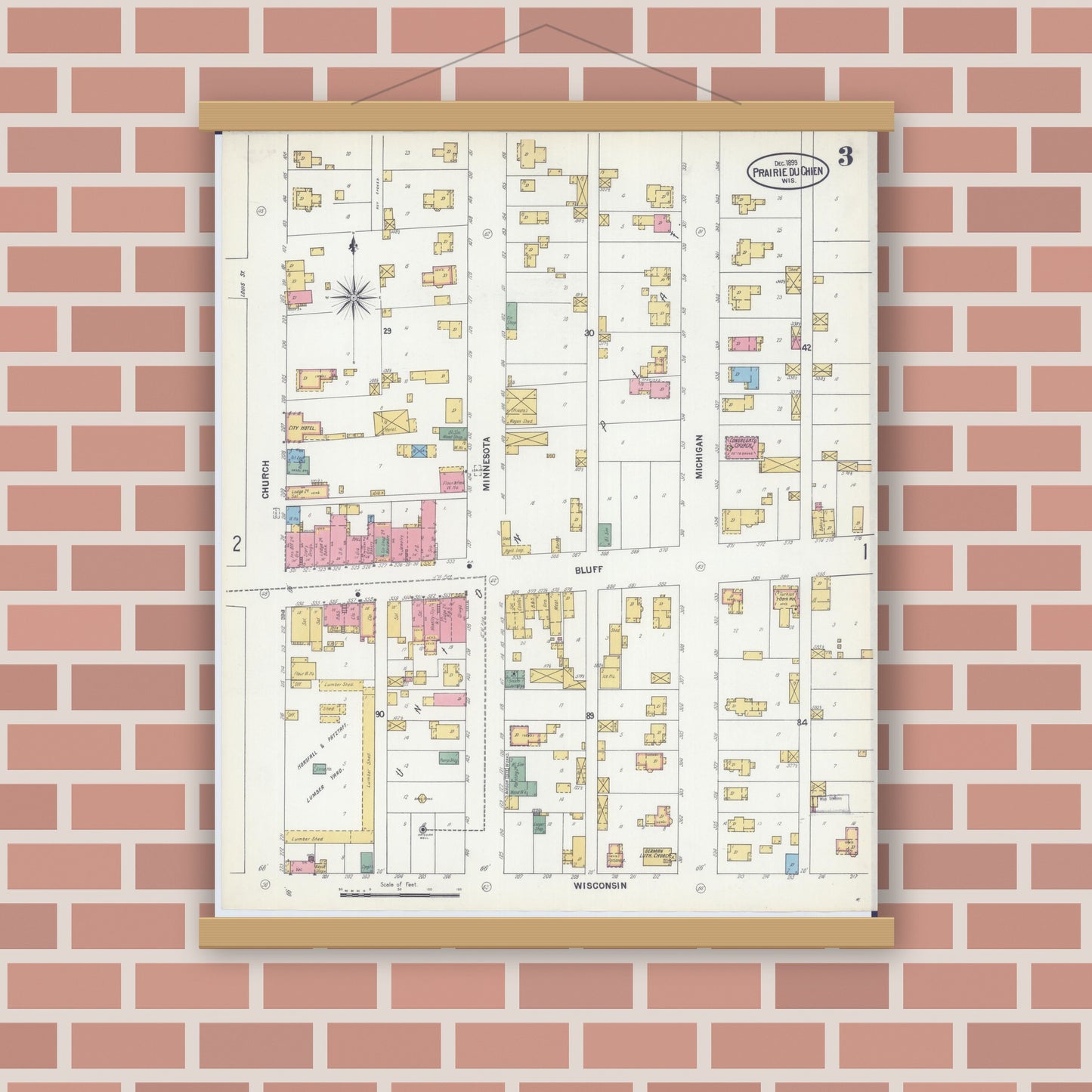 Old map wall art mockup — magnetic wood frame on brick wall — Sanborn Fire Insurance Map from Prairie du Chien, Crawford County, Wisconsin (1899), Sheet #0003