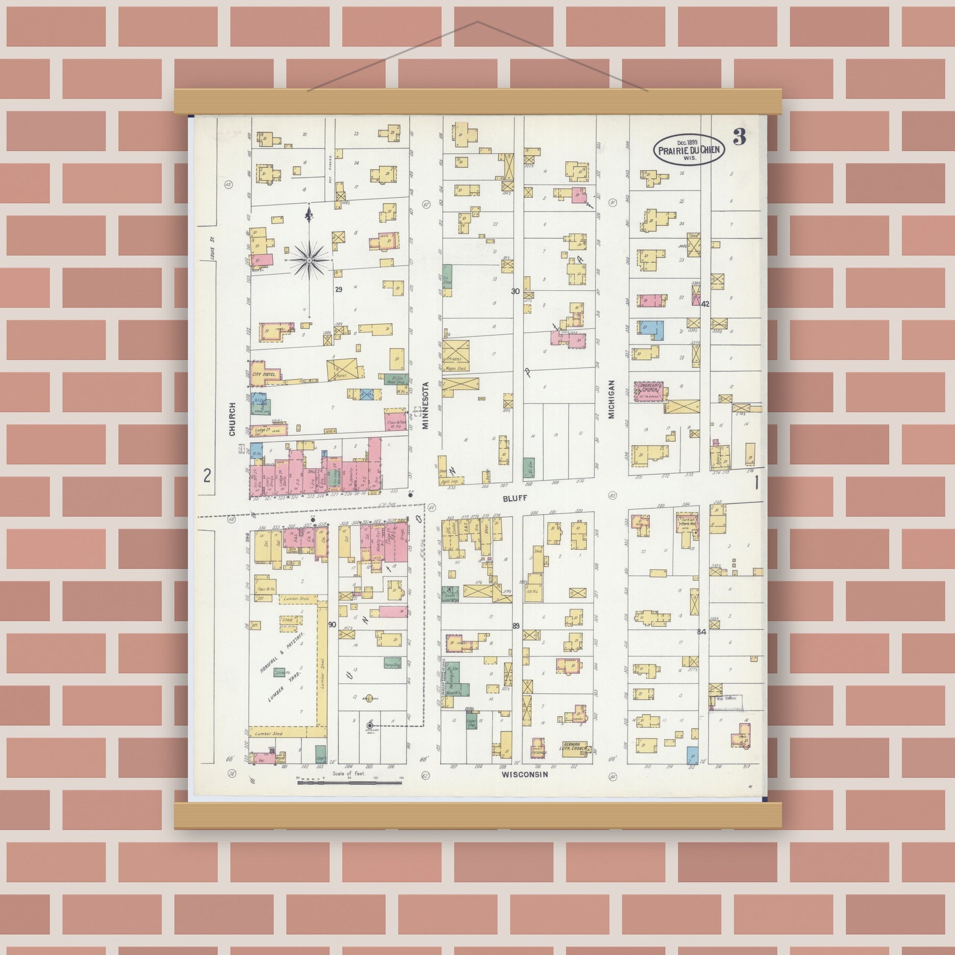 Old map wall art mockup — magnetic wood frame on brick wall — Sanborn Fire Insurance Map from Prairie du Chien, Crawford County, Wisconsin (1899), Sheet #0003