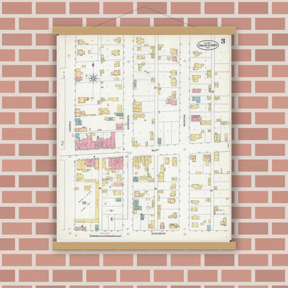Old map wall art mockup — magnetic wood frame on brick wall — Sanborn Fire Insurance Map from Prairie du Chien, Crawford County, Wisconsin (1899), Sheet #0003