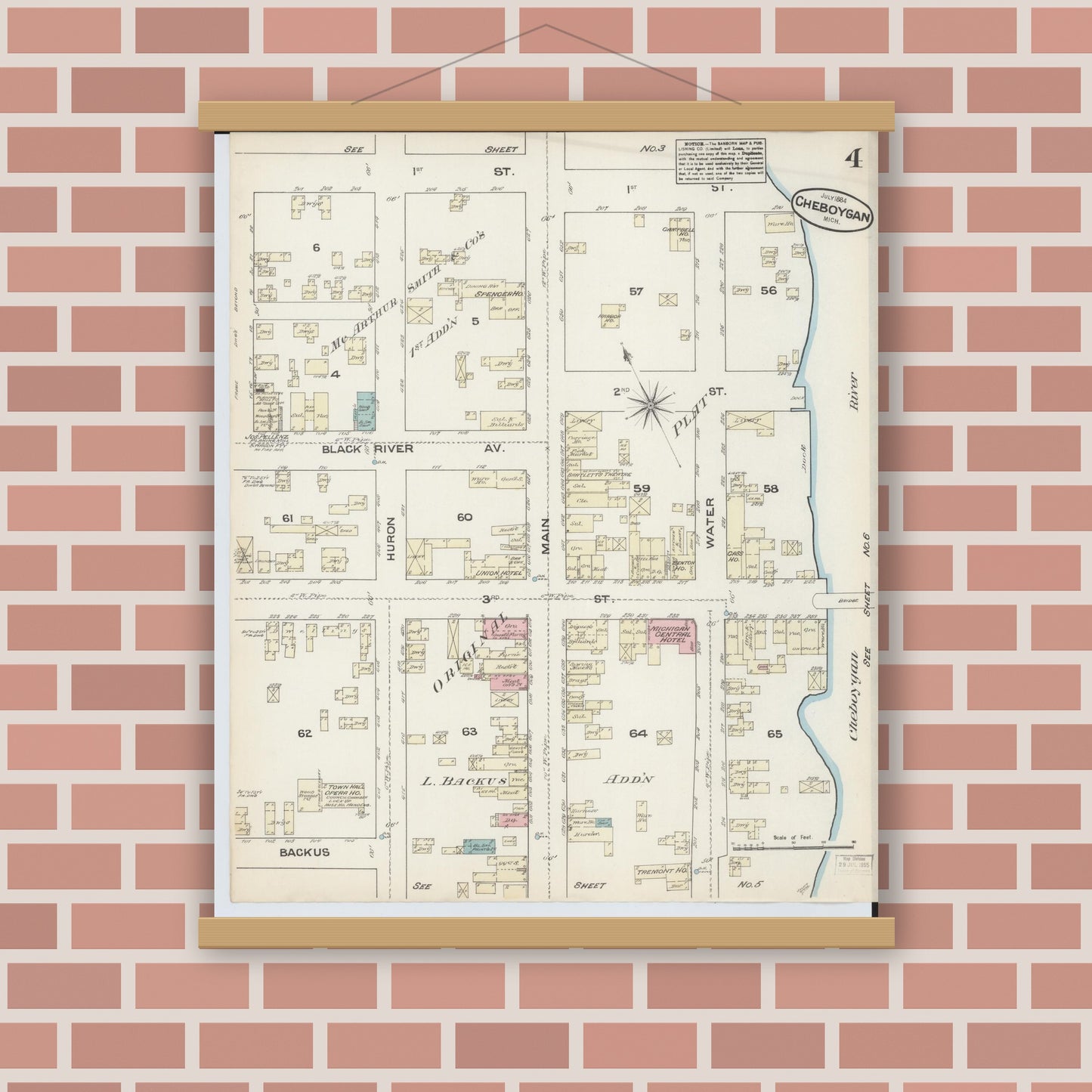Old map wall art mockup — magnetic wood frame on brick wall — Sanborn Fire Insurance Map from Cheboygan, Cheboygan County, Michigan (1884), Sheet #0004
