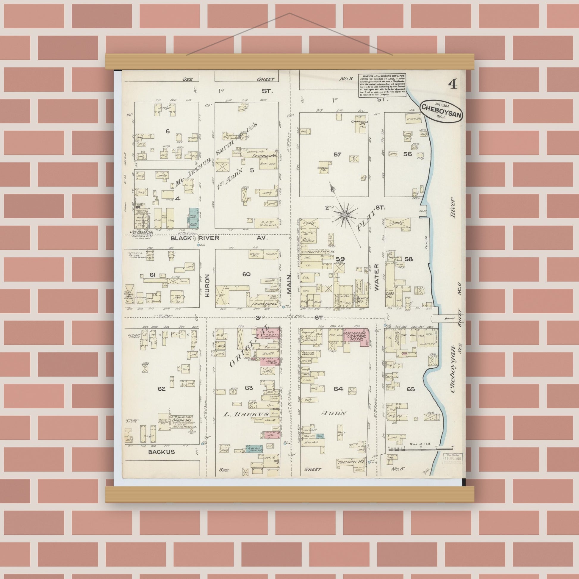 Old map wall art mockup — magnetic wood frame on brick wall — Sanborn Fire Insurance Map from Cheboygan, Cheboygan County, Michigan (1884), Sheet #0004