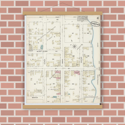 Old map wall art mockup — magnetic wood frame on brick wall — Sanborn Fire Insurance Map from Cheboygan, Cheboygan County, Michigan (1884), Sheet #0004